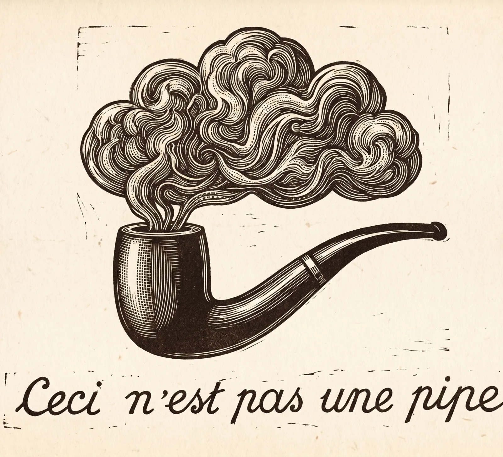 A woodcut-style pipe on cream paper, its smoke billowing up into a great cloud, captioned in cursive: Ceci n'est pas une pipe