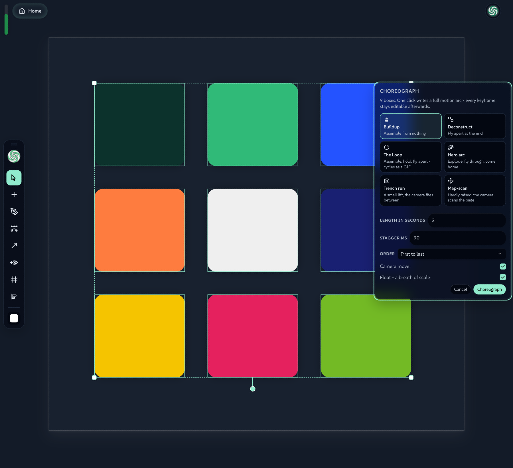Choreograph: nine swatches selected, and the picker offering the six showcases with Buildup checked, Length 3, Stagger 90, Order, Camera move and Float
