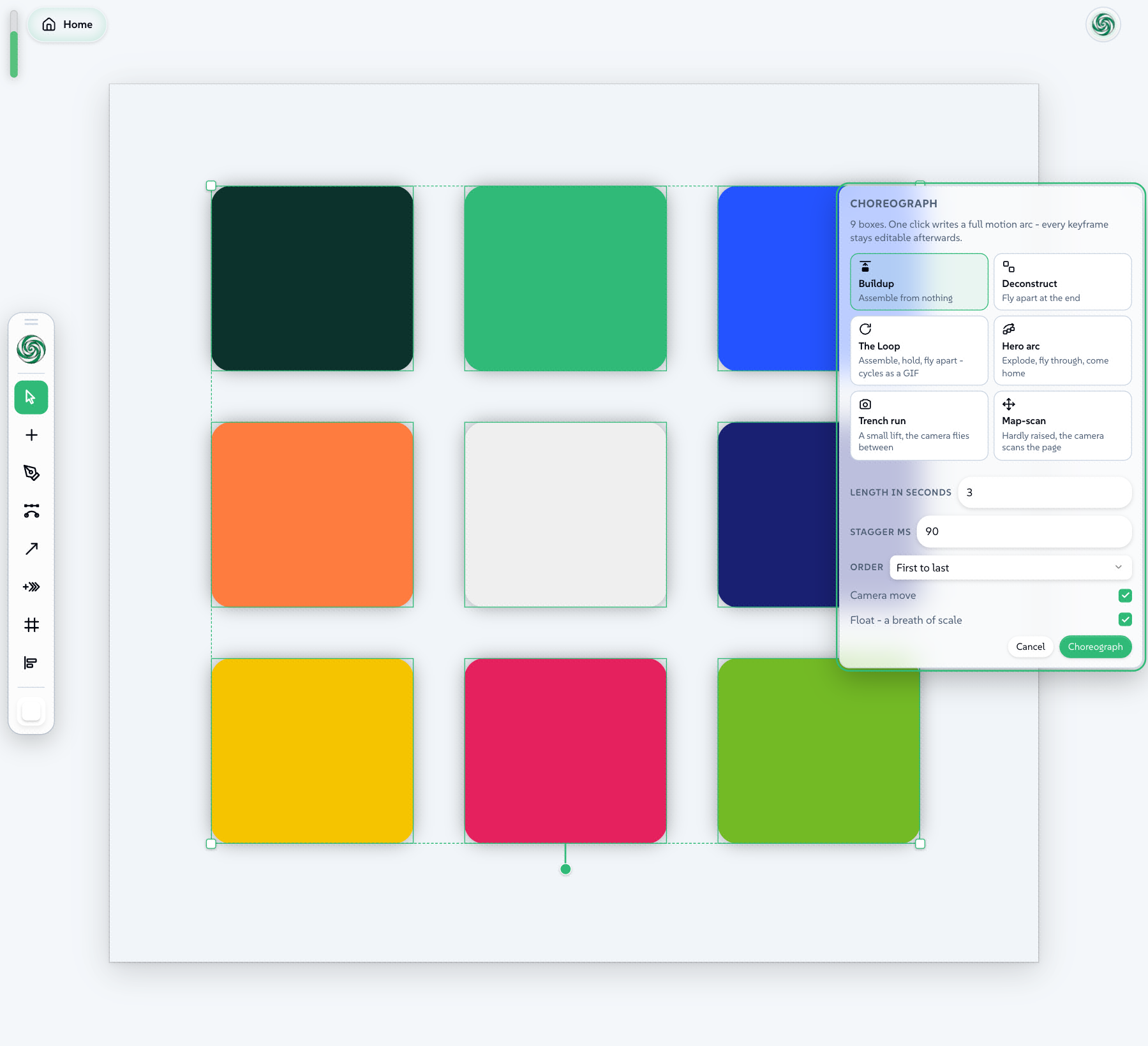 Choreograph: nine swatches selected, and the picker offering the six showcases with Buildup checked, Length 3, Stagger 90, Order, Camera move and Float