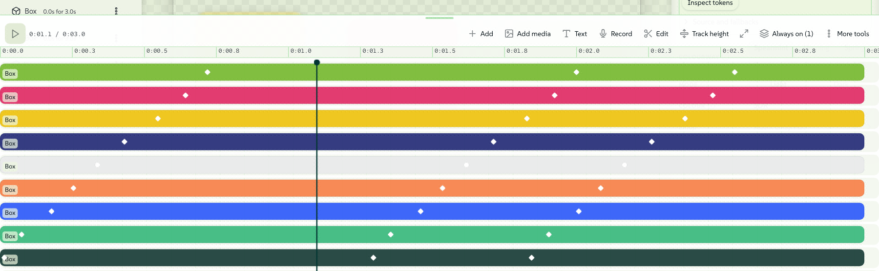 The timeline after a Buildup: nine clips from 0 to 3 s, one lane each, every one carrying its own diamonds, and the playhead parked mid-arc