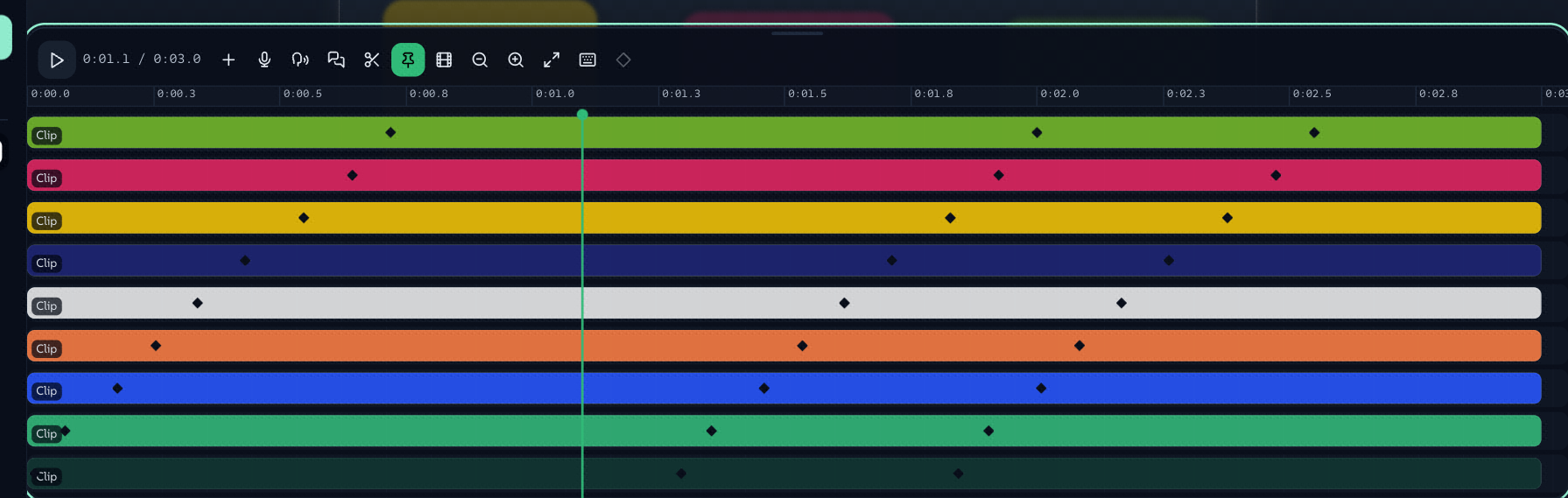 The timeline after a Buildup: nine clips from 0 to 3 s, one lane each, every one carrying its own diamonds, and the playhead parked mid-arc