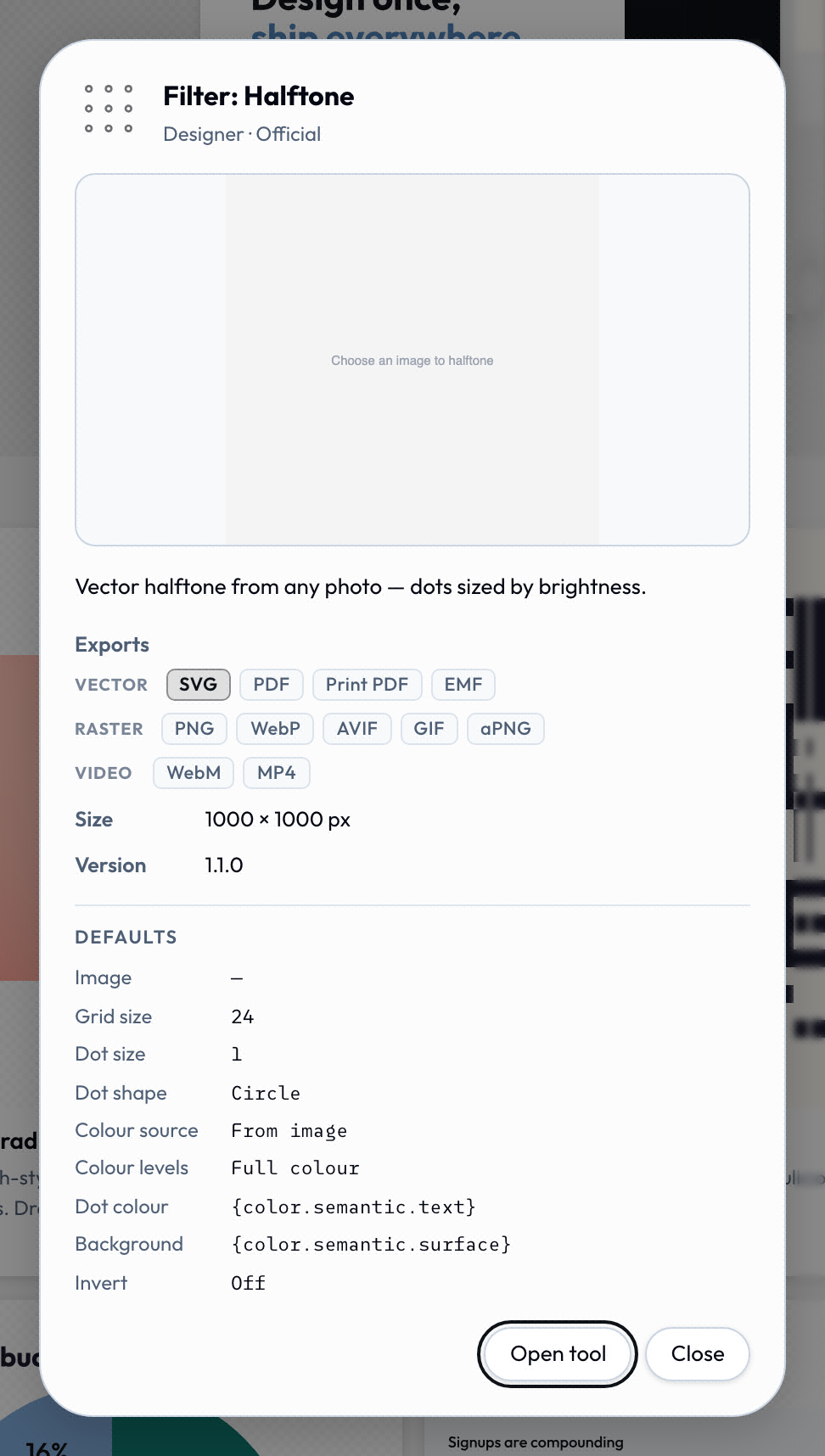 The About card for the Halftone filter, listing its exports grouped as vector, raster and video chips, its 1000 by 1000 canvas and its version, all read straight from the manifest