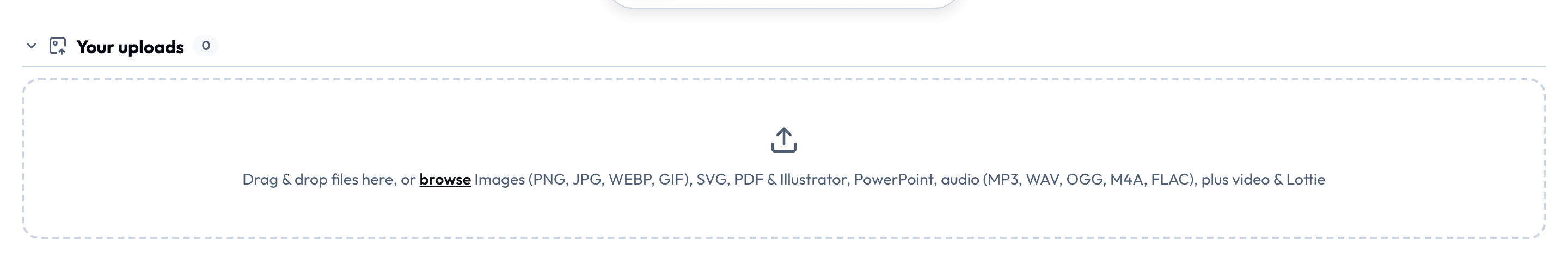 The Catalogue's Your uploads section - a drop area that takes files straight from your device into every tool's picker