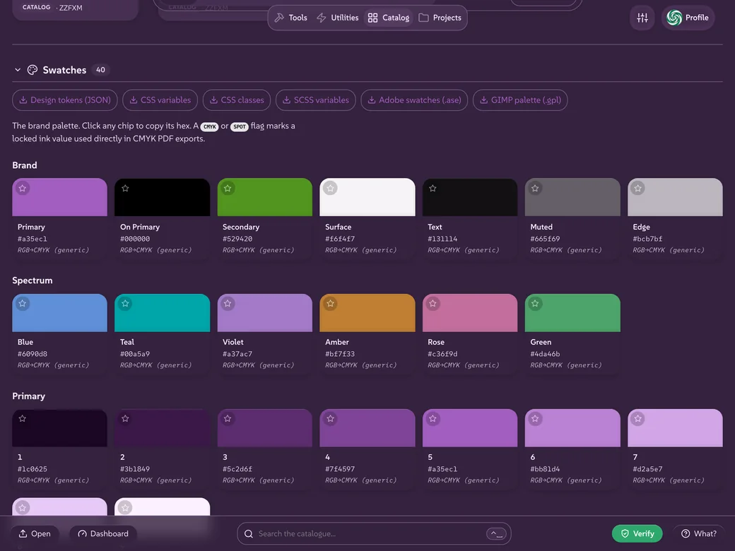 The Catalogue's swatches in a magenta brand