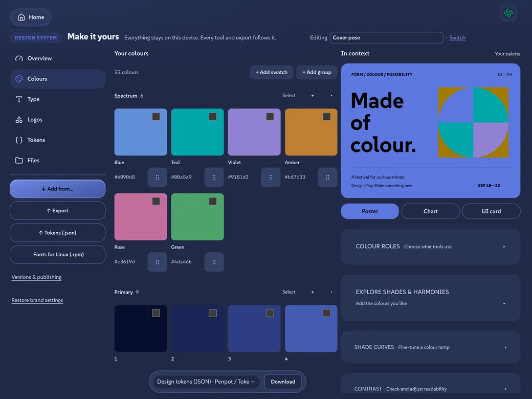The Colours room of the design system studio, in violet