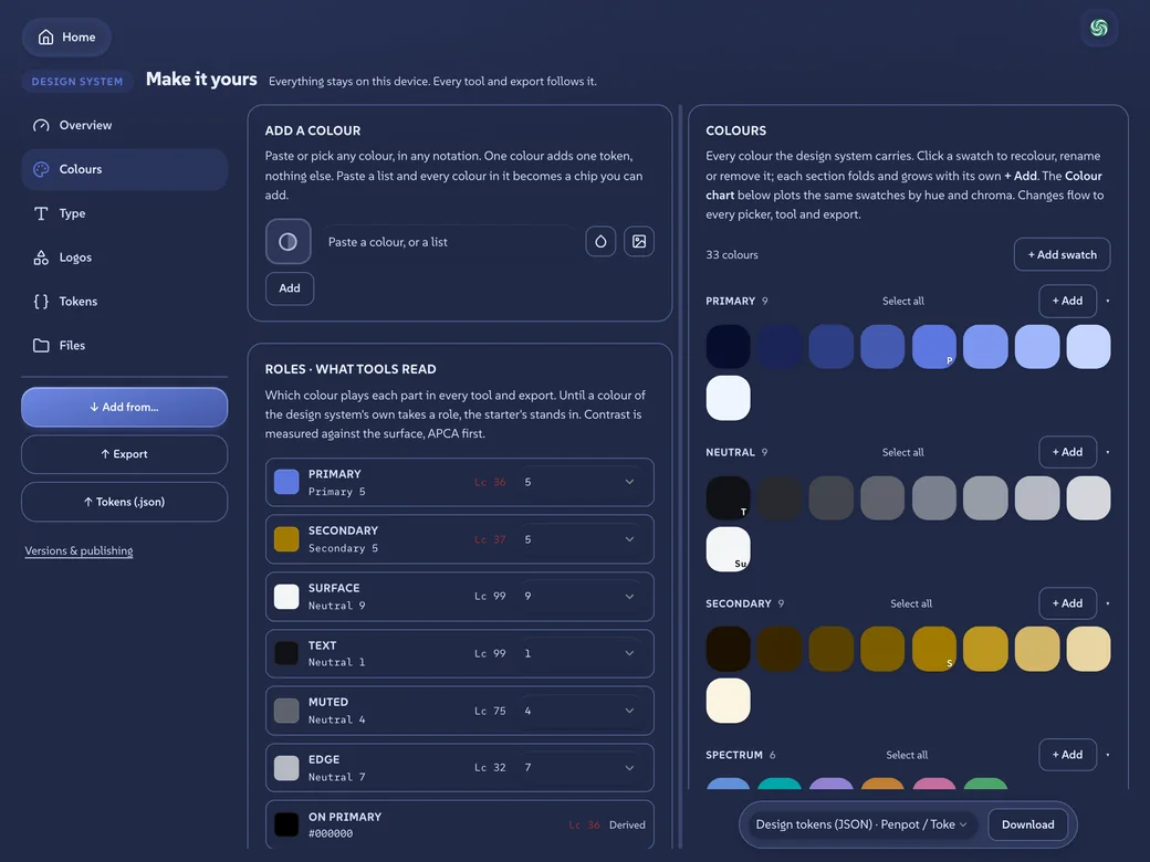 The Colours room of the design system studio, in violet