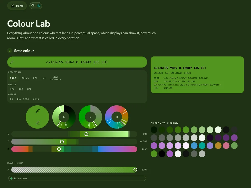 The Colour Lab's report on a green, with its contrast checks and harmonies