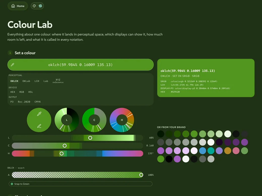 The Colour Lab's report on a green, with its contrast checks and harmonies