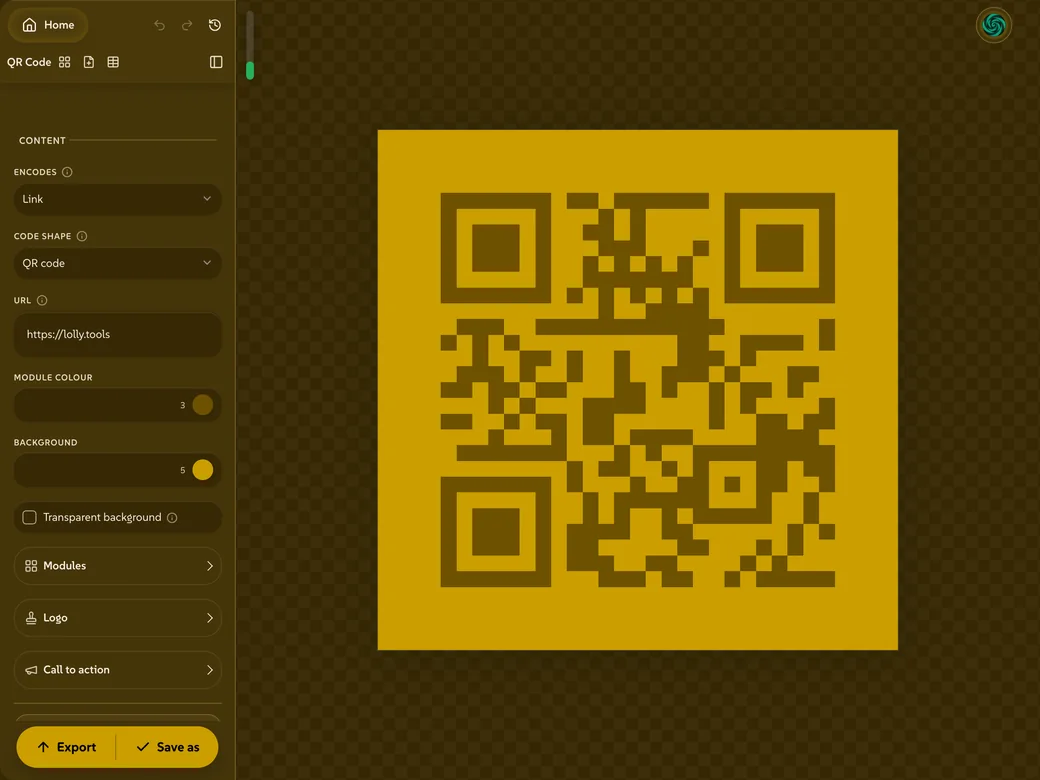 A QR code for lolly.tools drawn in the brand green