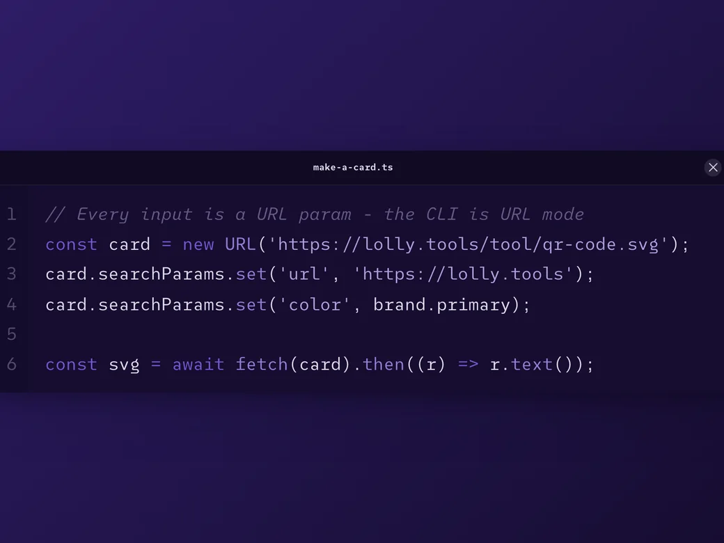 A TypeScript snippet card highlighted in a purple brand theme