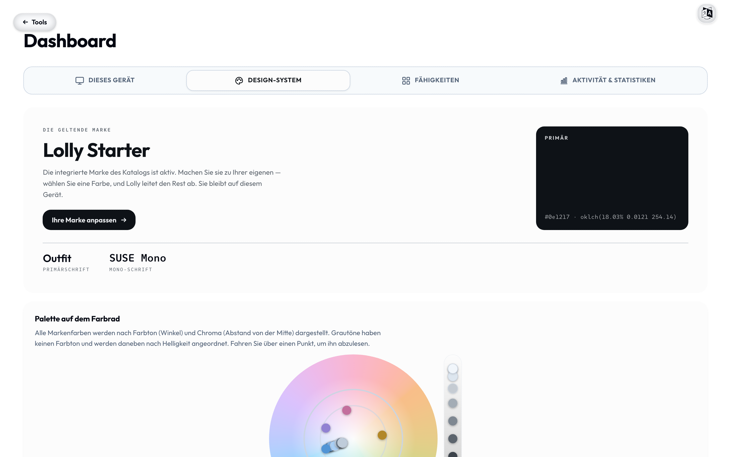 The Dashboard's Design-system tab - the active brand shown read-only