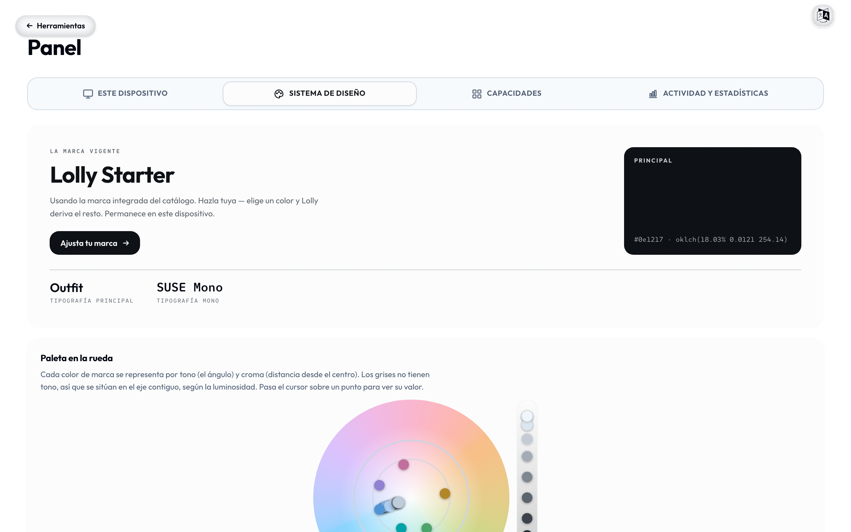 The Dashboard's Design-system tab - the active brand shown read-only