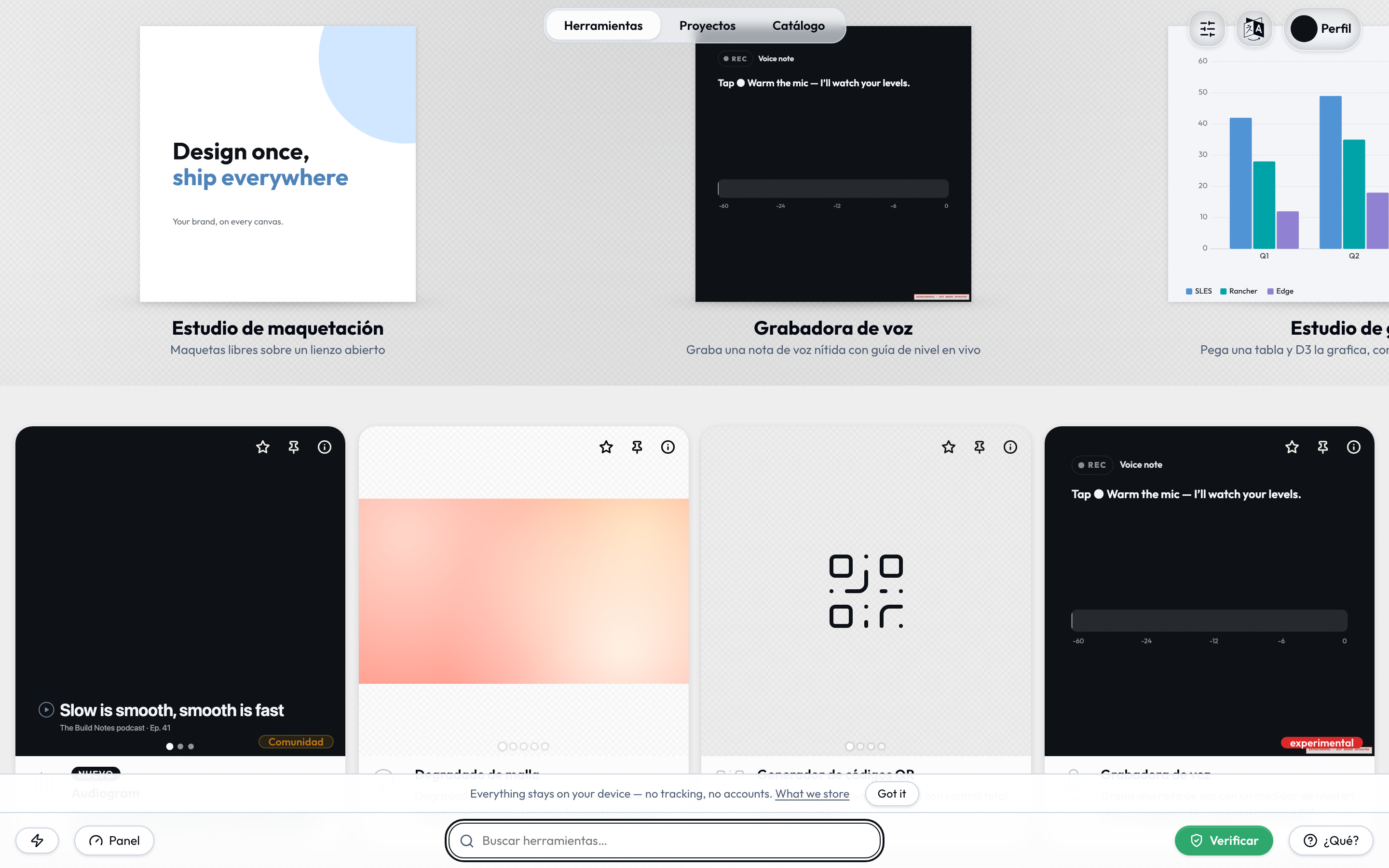 The tool gallery - every tool as a card, grouped by category
