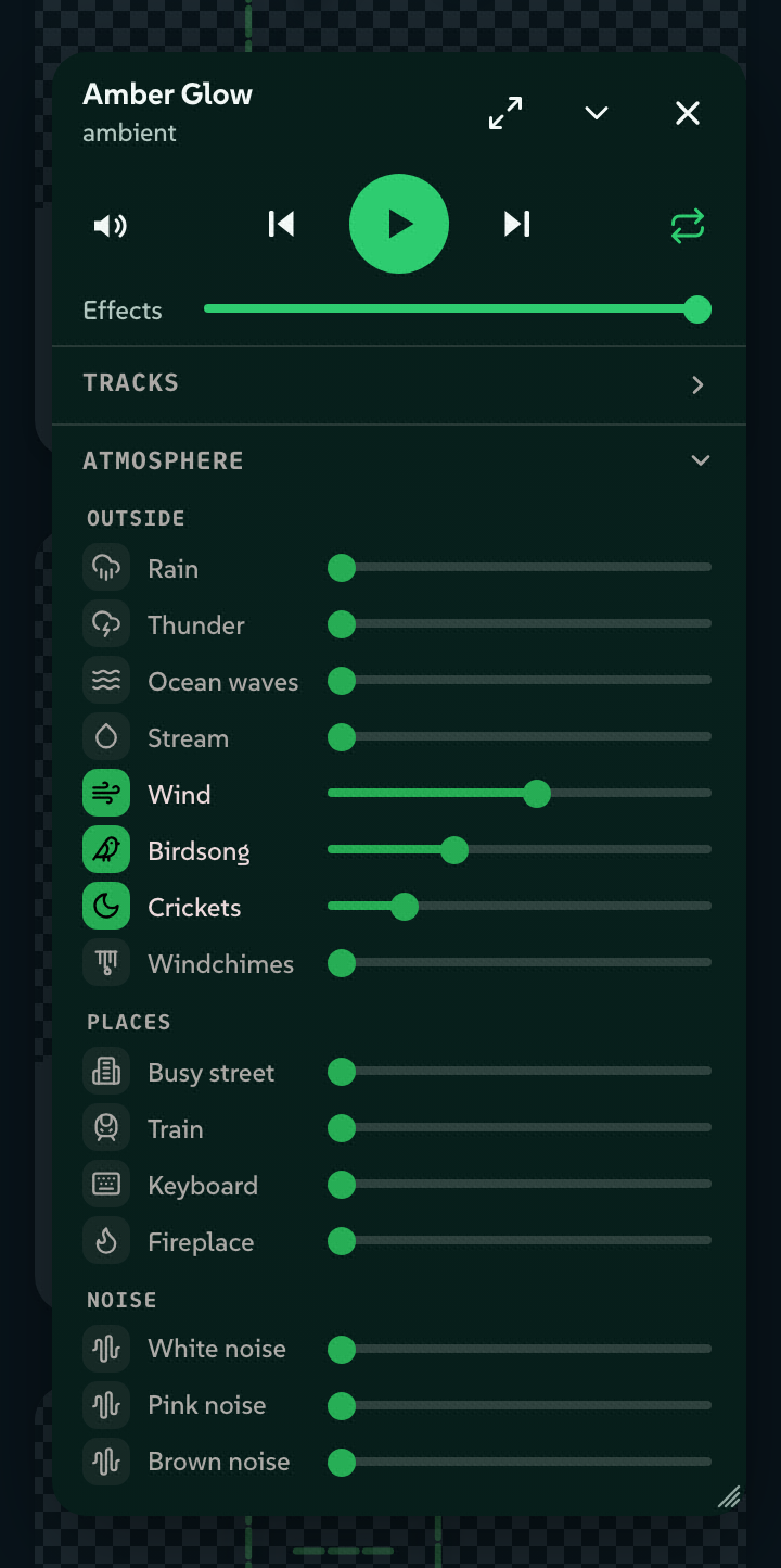 The Neurospicy player docked over the app: track title and transport, separate Music and Effects volumes, and the Atmosphere mixer with Wind, Birdsong and Crickets raised