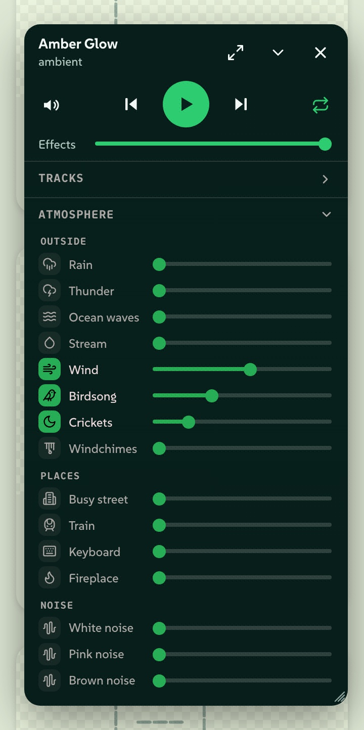 The Neurospicy player docked over the app: track title and transport, separate Music and Effects volumes, and the Atmosphere mixer with Wind, Birdsong and Crickets raised