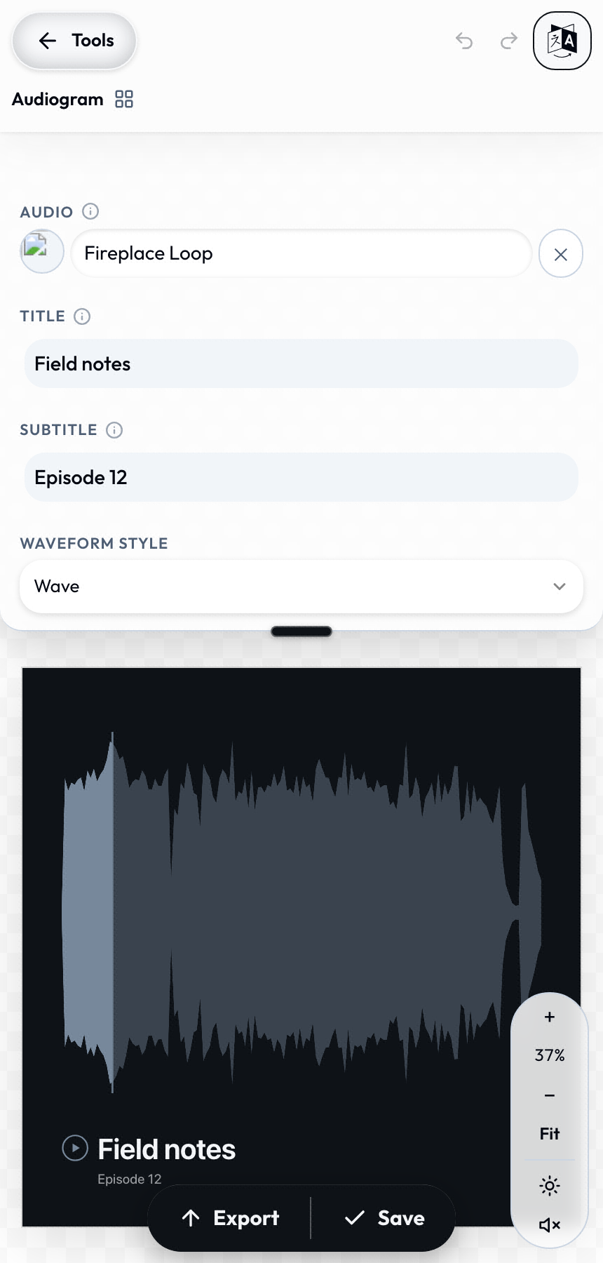 An audiogram on a 430px-wide screen - the controls sheet above, the finished square artwork below, and the floating render pill
