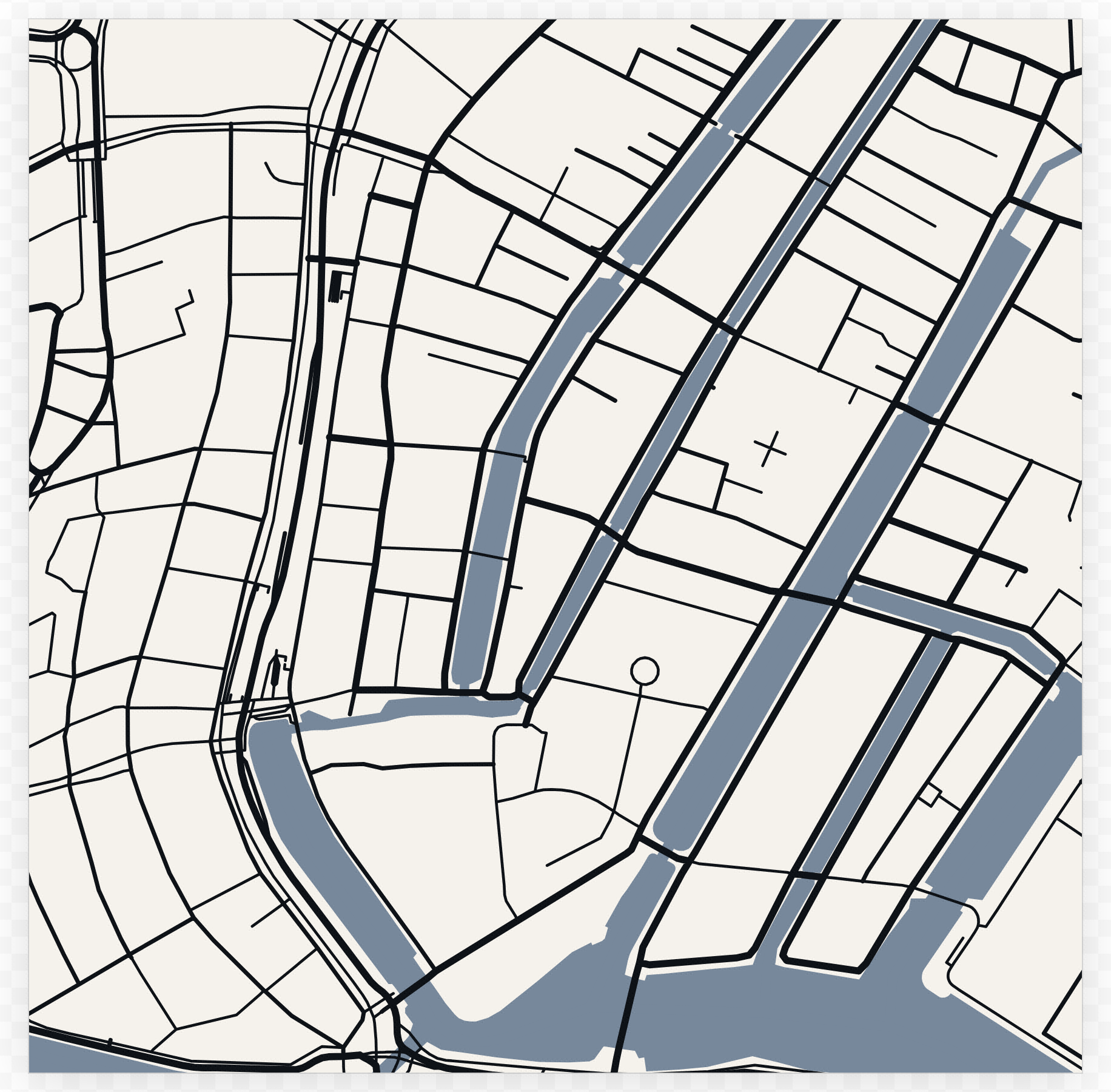 Amsterdam's canal rings and road network drawn edge to edge in the brand's own ink, every stroke placed by the template rather than by hand