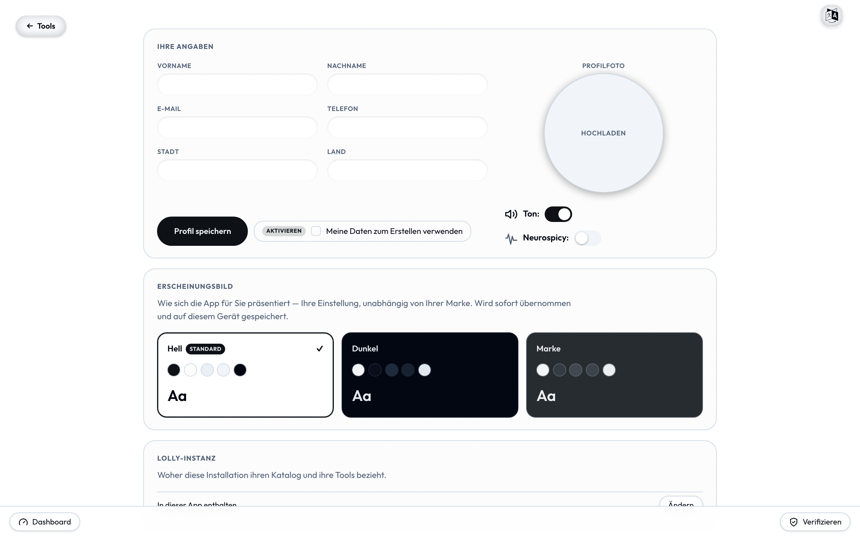 The Profile screen - name, contact, an optional headshot, and your preferences