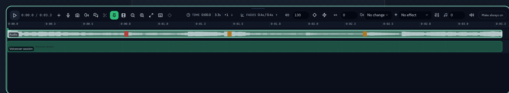 The sound strip on a selected audio clip: icon-labelled Volume with its keying diamond and Normalize, Pan, the ducking select, the Effect rack with its EQ door and Pitch - and the waveform tinted where it will play hot