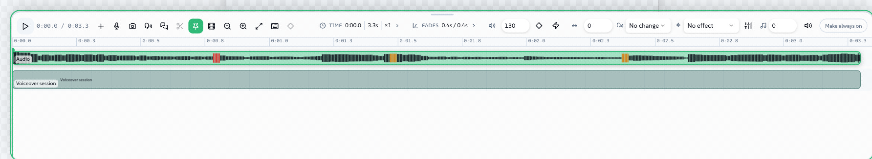 The sound strip on a selected audio clip: icon-labelled Volume with its keying diamond and Normalize, Pan, the ducking select, the Effect rack with its EQ door and Pitch - and the waveform tinted where it will play hot