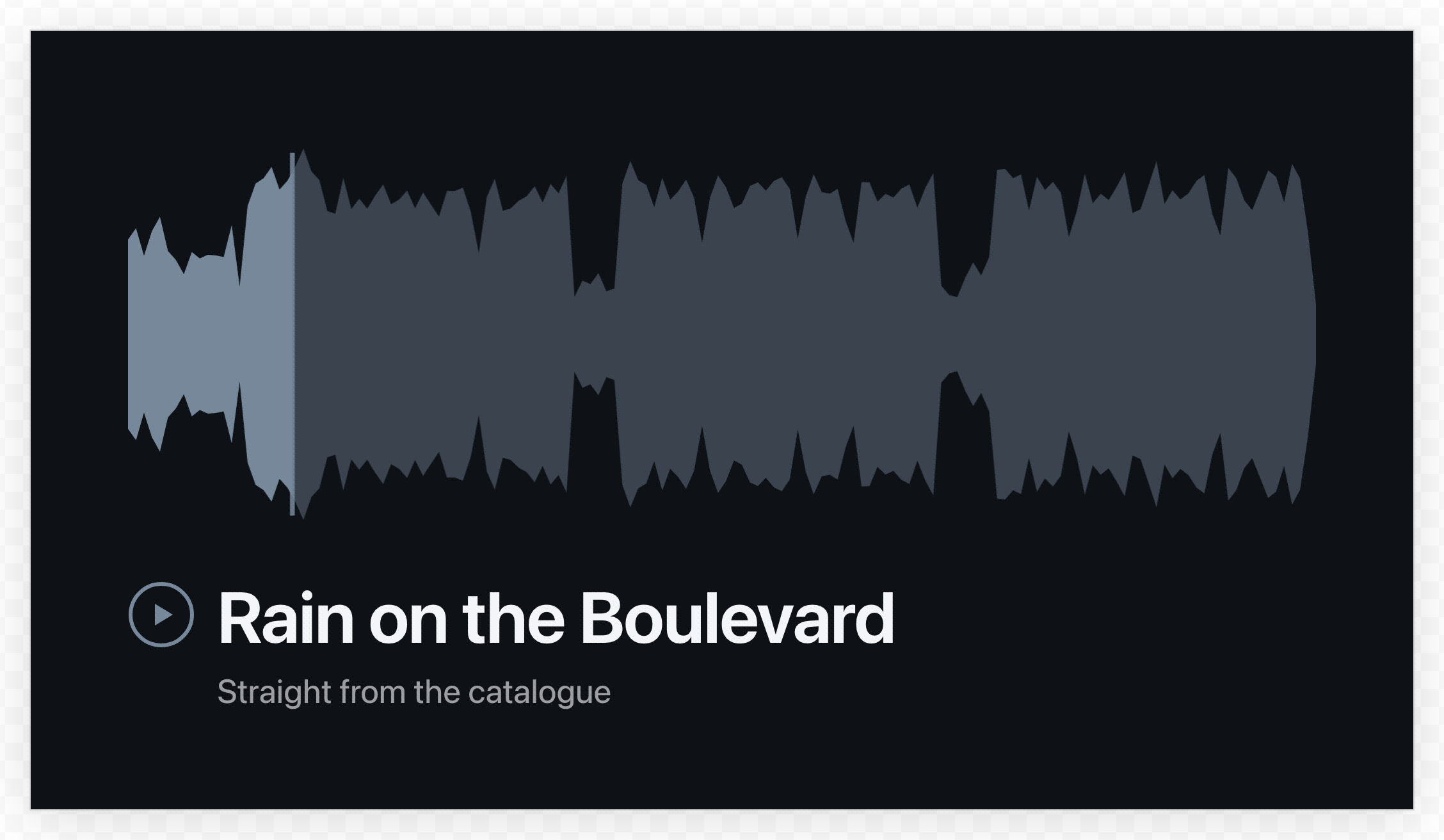 An audiogram card whose waveform is the actual shape of the catalogue track named in the link, with the title and the wide 16:9 size set alongside it