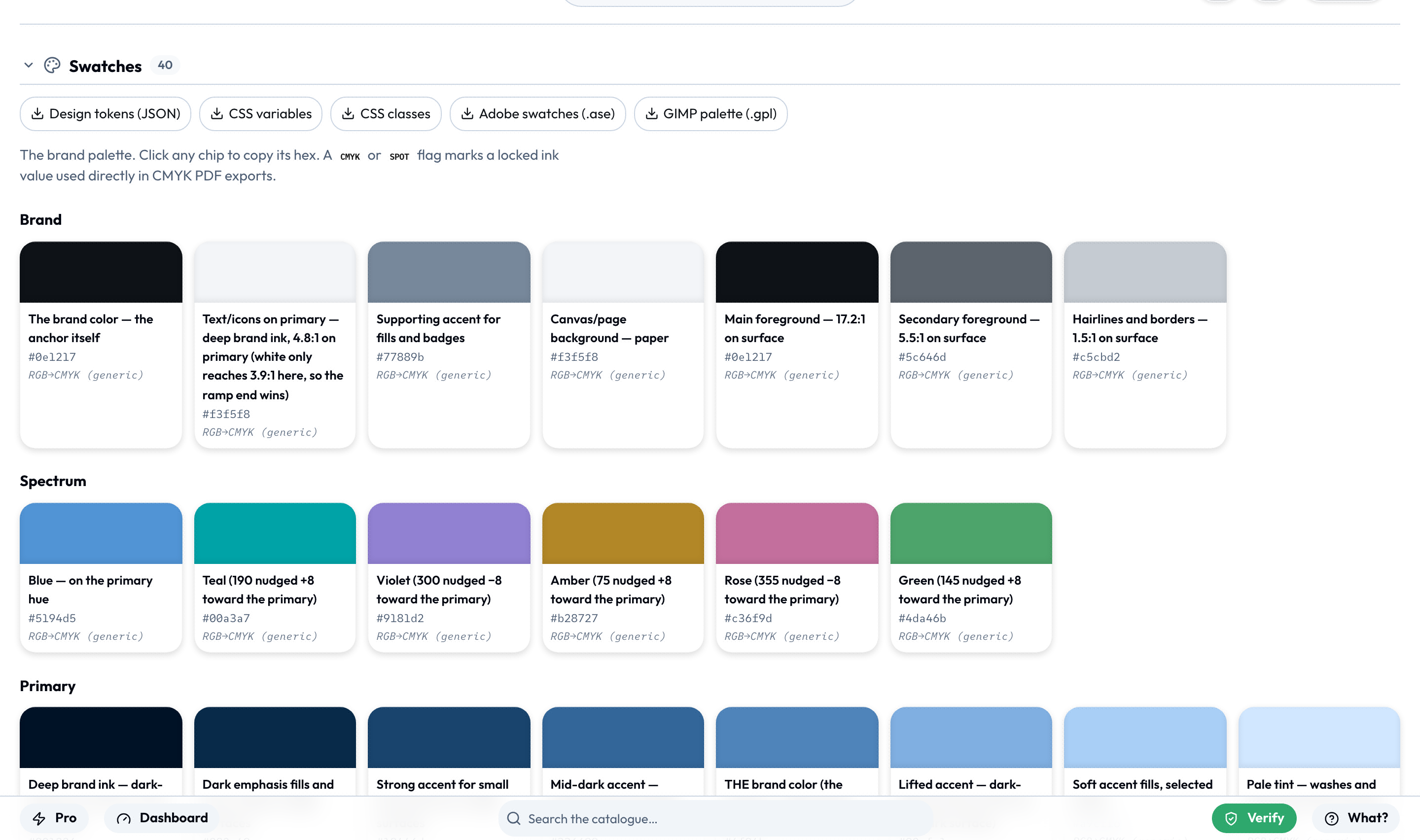 The Swatches panel - the five palette download buttons across the top, then every brand colour as a copyable chip