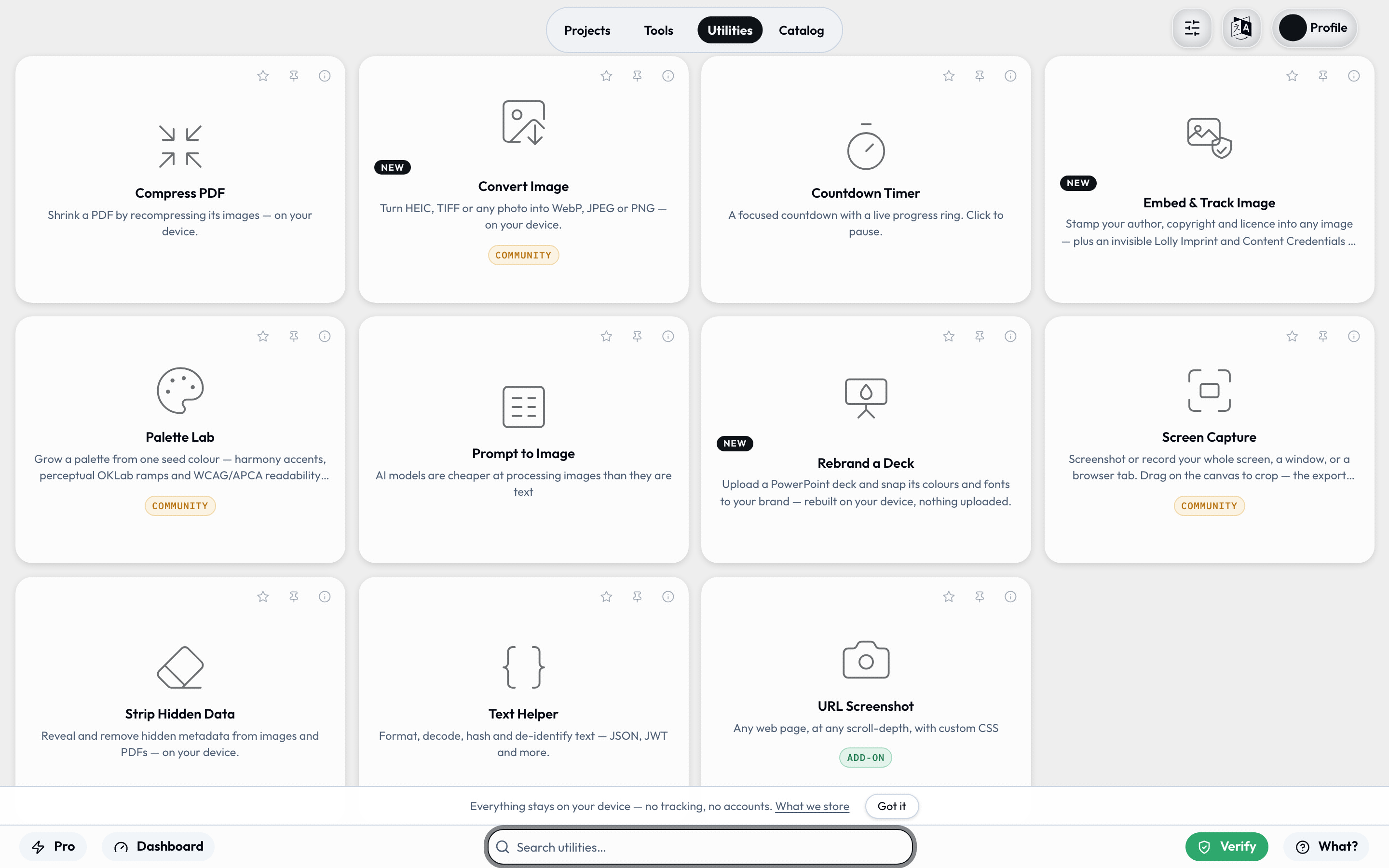 The Utilities view collects the mechanical jobs people usually hand to a random website, all running on your own device