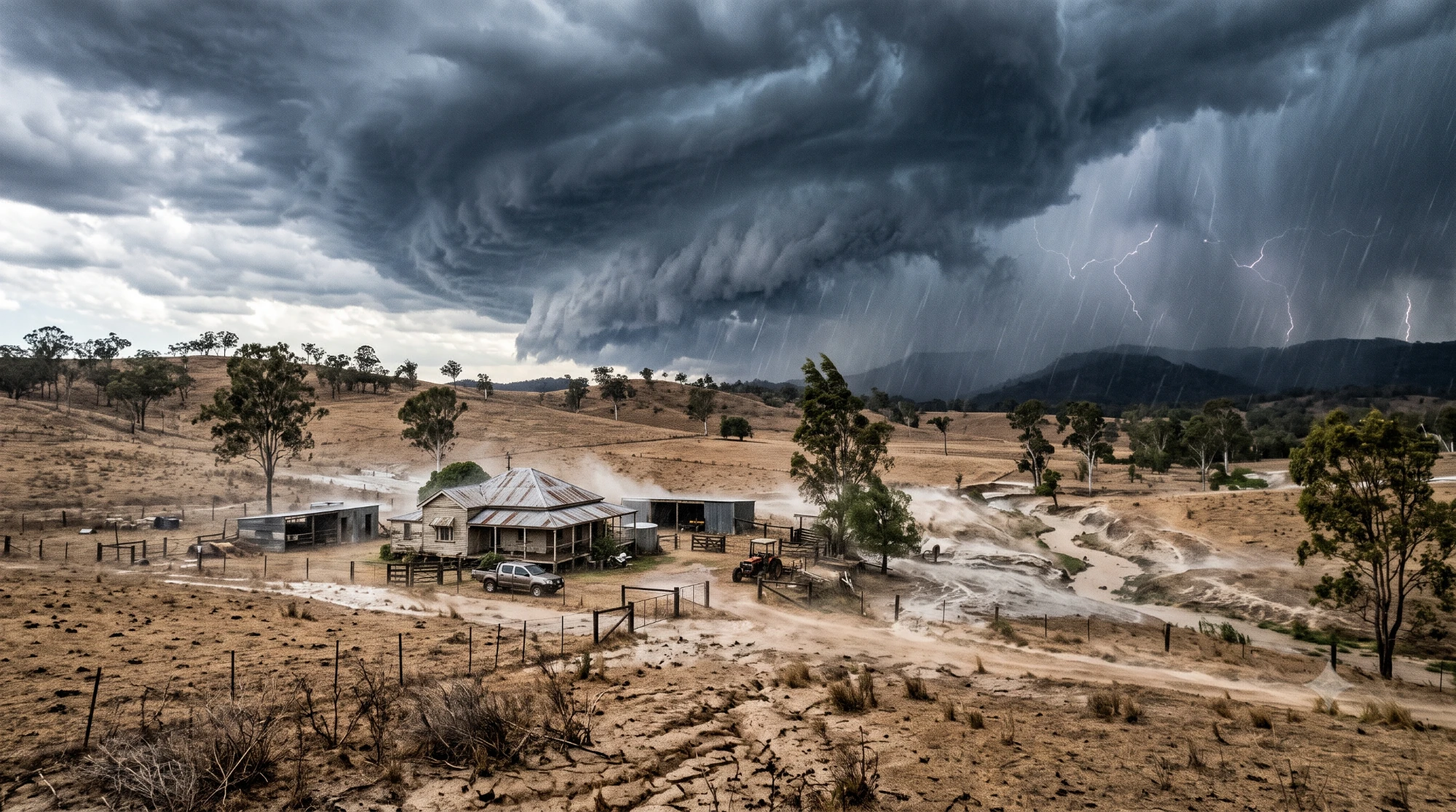 A supercell storm breaking over an outback homestead - the tank and sheds below, floodwater already cutting channels through the dry paddock